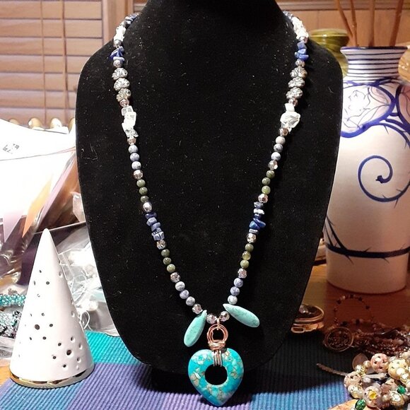 Handmade Heart Necklace, faux turquoise, sodalite, Jasper, and moonstone - Picture 2 of 3